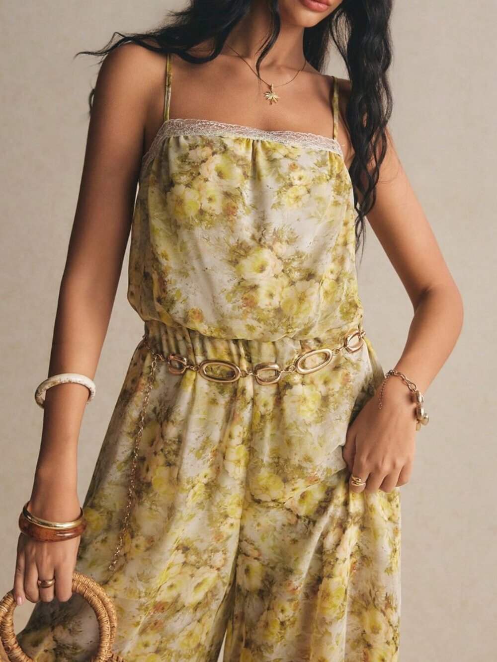 Multicolor Boho Women's Watercolor Lace Trim Wide Leg Chiffon Romper - Picture 7 of 8